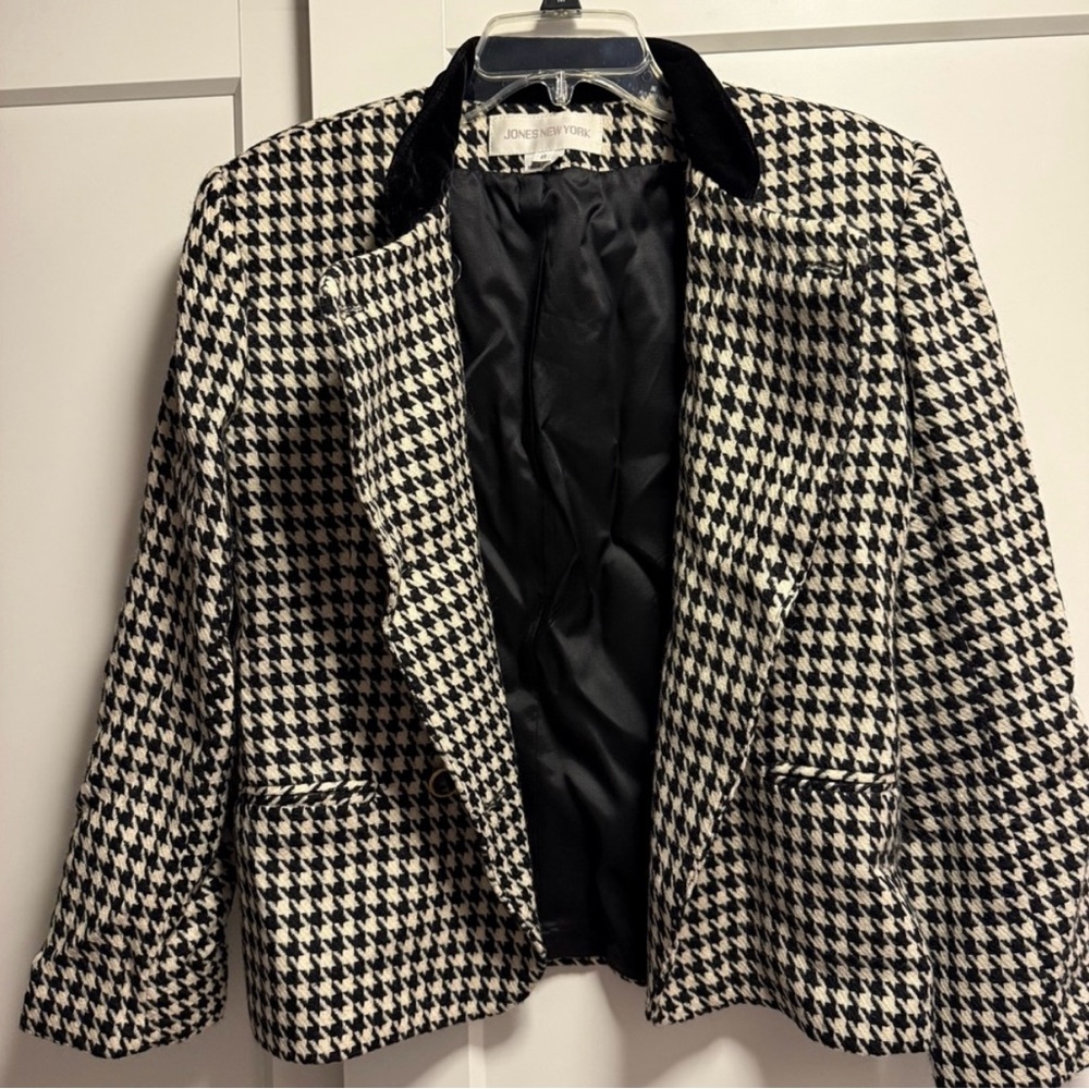 Vintage Wool & Velvet black & white houndstooth blazer sz 8 Preppy Old Money - Picture 3 of 6